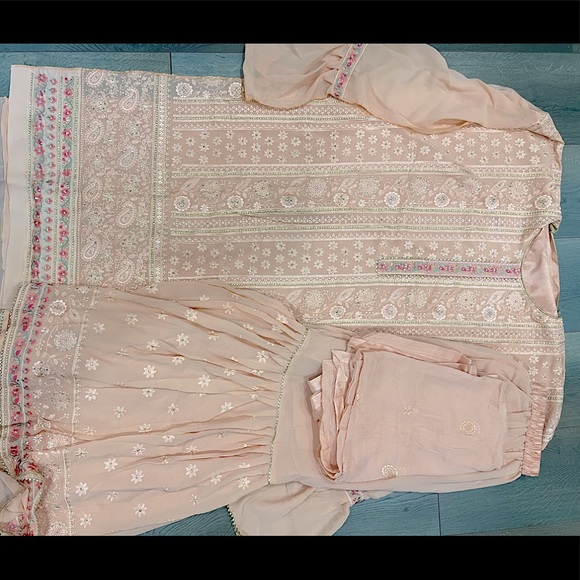 Peach Sharara Suit - New with Semi-Stitched Top - Picture 1 of 5